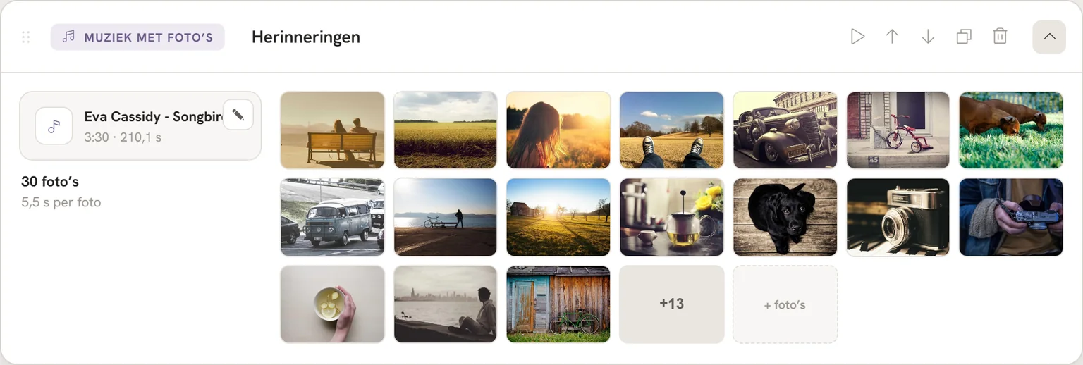 Muziek-met-foto's-blok in de tool met automatische tijd per foto