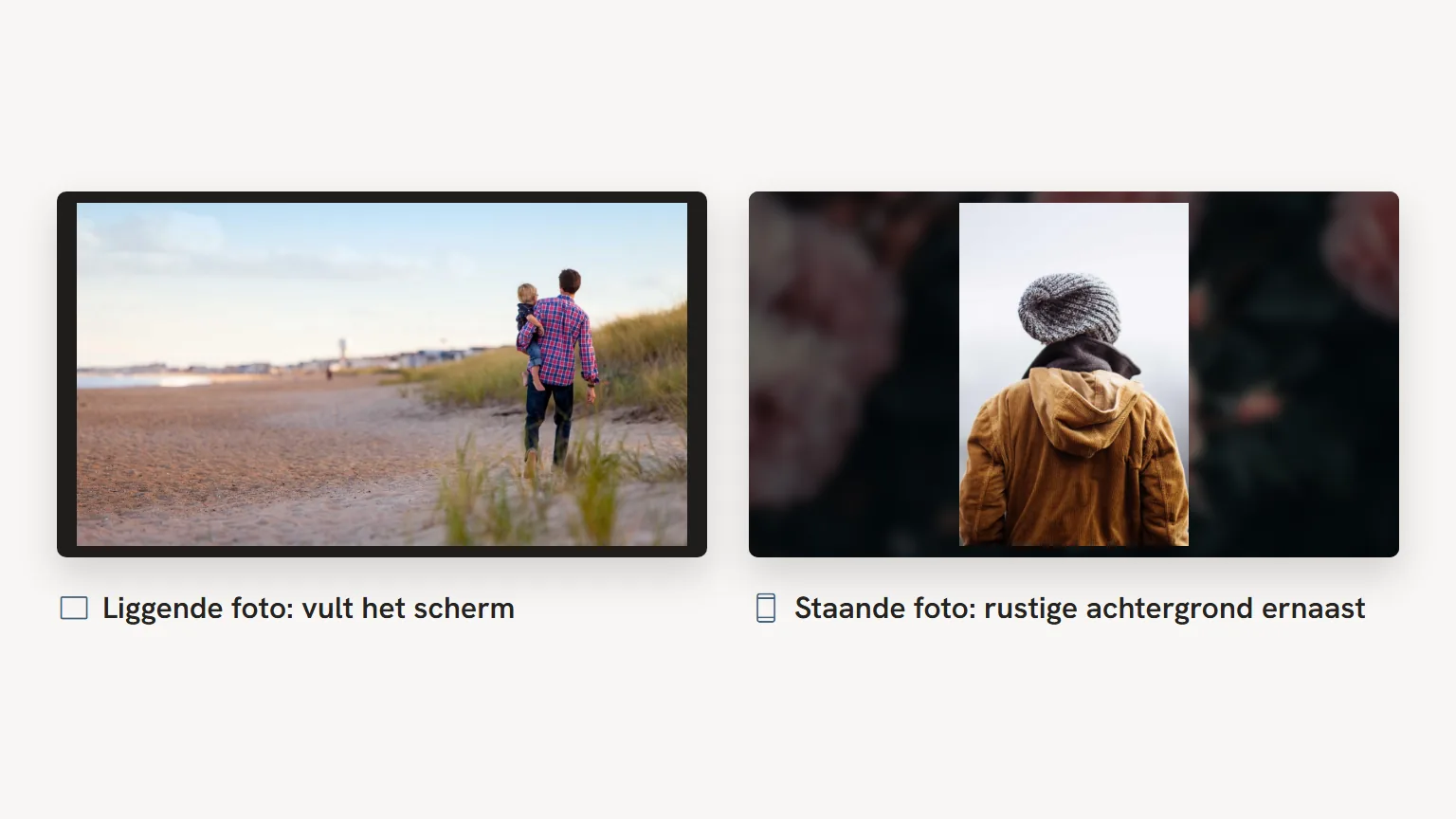 Staande en liggende foto naast elkaar op een 16:9 uitvaartpresentatie