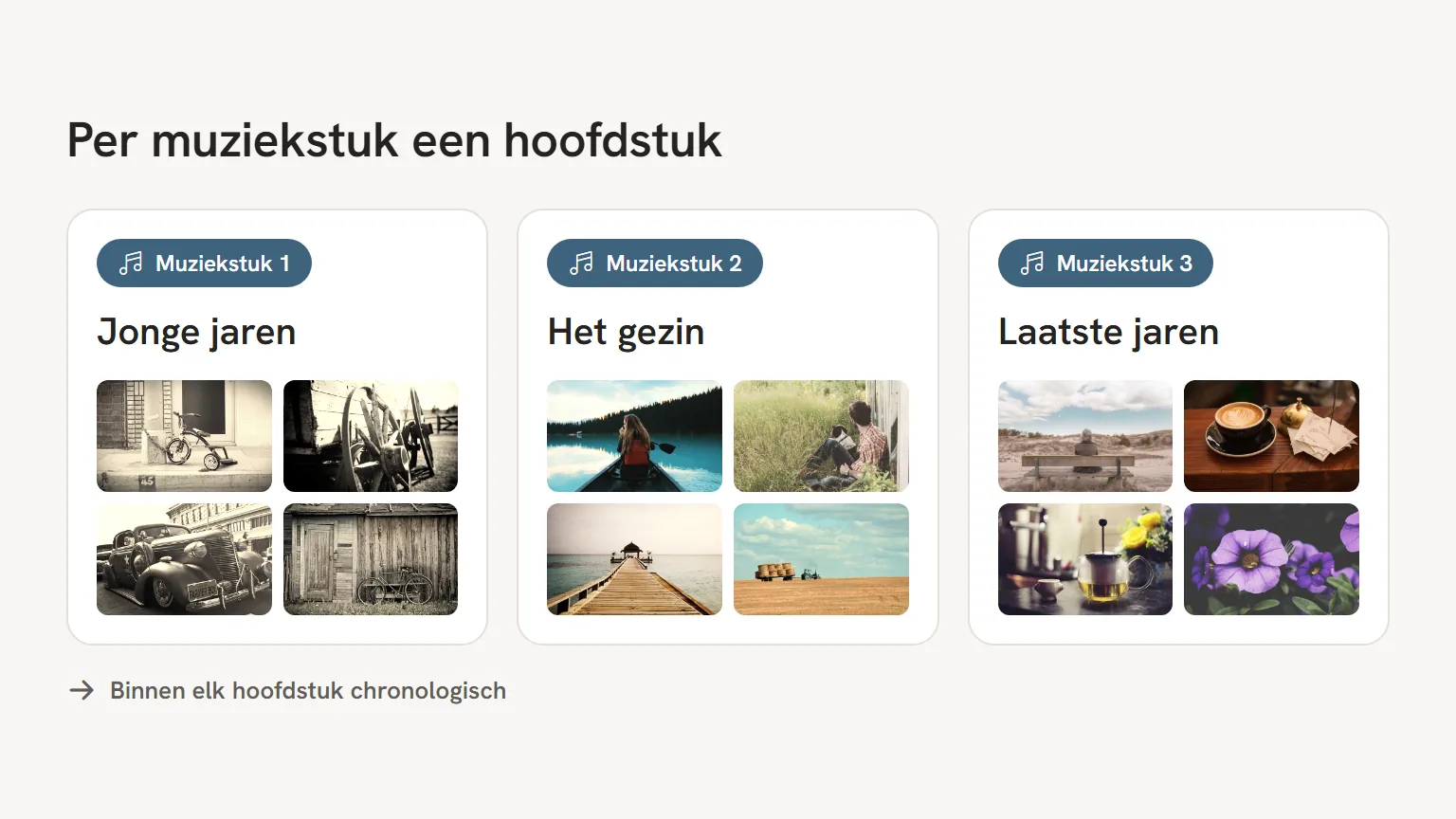 Volgorde van foto's uitzoeken voor de uitvaart: per muziekstuk een hoofdstuk