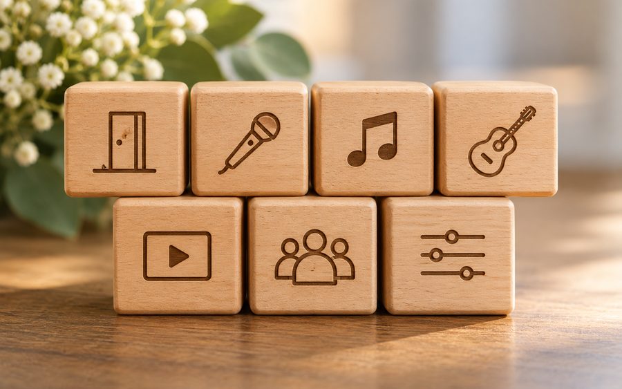 Houten blokjes met pictogrammen van de zeven bloktypes van een uitvaartpresentatie