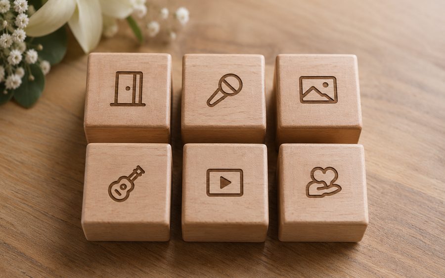 Houten blokjes met pictogrammen van de zes bloktypes van een uitvaartpresentatie